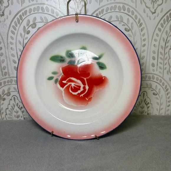Vintage Enamel Plate Red Rose Floral Rim Display‎ Plate