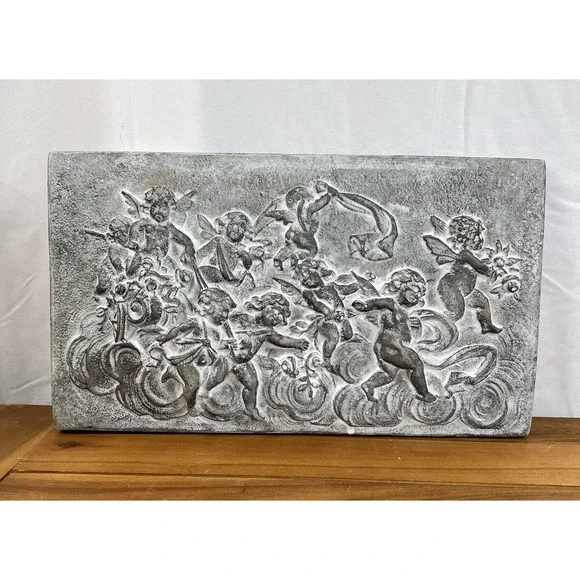 VTG 2000's Bas-Relief Plaque W Cherubs Plaster Wall Decor Grey 14