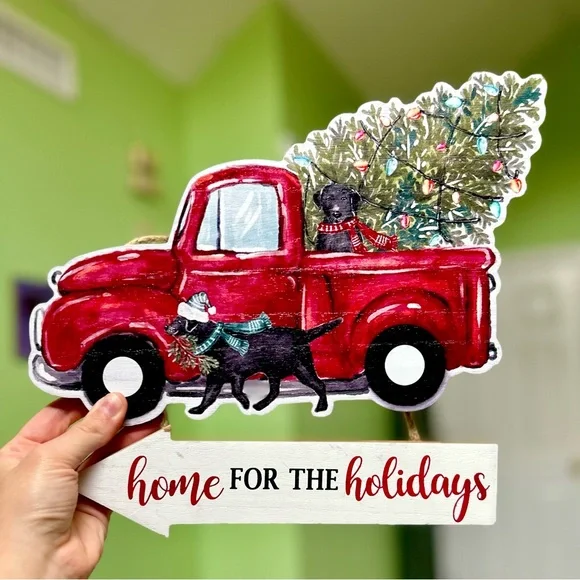 Christmas Festive Red Truck Black Dogs Christmas Tree Wood Wall Hanging Decor