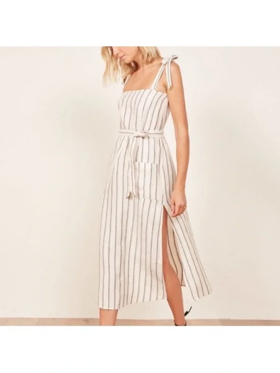 Reformation Elliot Striped Linen Midi Dress Small