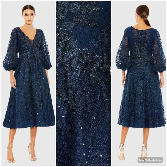 MAC DUGGAL 20391 Womens Blue Embellished Plunge Neck Bishop Sleeve Midi Dress