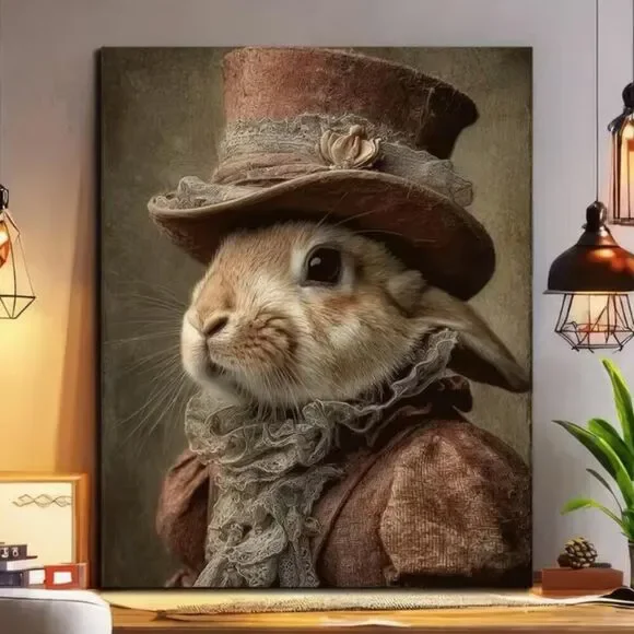 Canvas Art Victorian Rabbit Dressed in Top Hat & Vintage Costume 24x36 Frameless