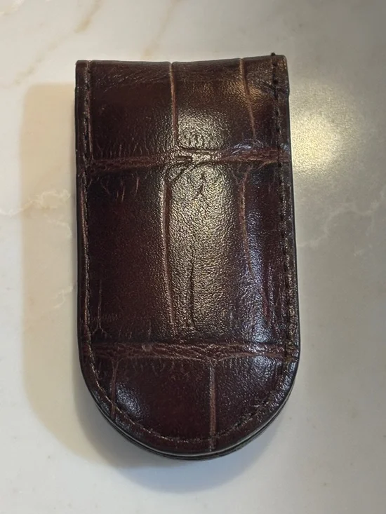 Vintage Fossil Dark Brown Croc-Embossed Print GenuineLeather Magnetic Money Clip