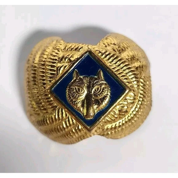 Vintage Boy Scout Cub Wolf Neckerchief Scarf Slide Tie Clip Blue Enamel Gold
