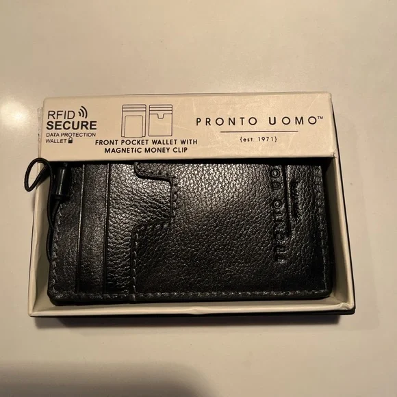 NWT men’s pronto uomo black pebbled leather wallet with RFID magnetic money clip