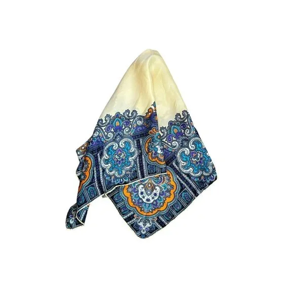 Vintage 100% Silk Colorful Edge Oversized Foulard Paisley Hand Rolled Scarf