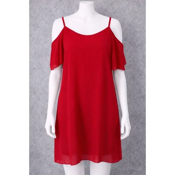 Red Cold Shoulder Mini Dress Chiffon Spaghetti Strap Shift Tunic‎