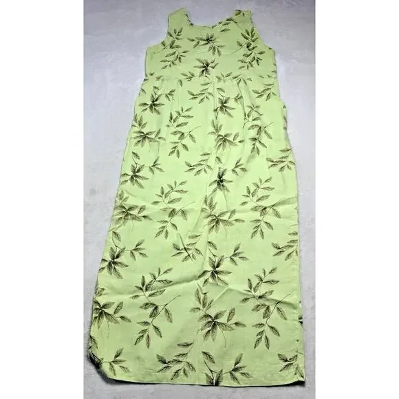 Vintage Russ Berens Malibu Linen Maxi Dress M Lime Green Leaf Print Made in USA