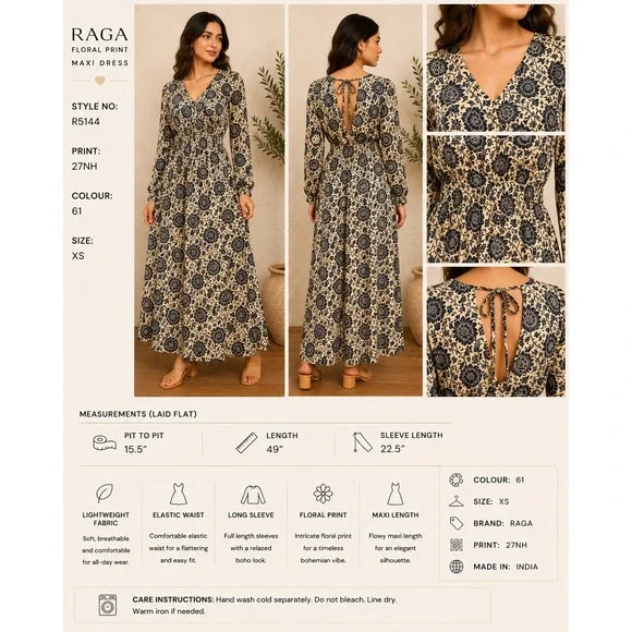 Anthropologie RAGA NWT Maxi Dress Cream Navy Floral Long Sleeve Boho XS