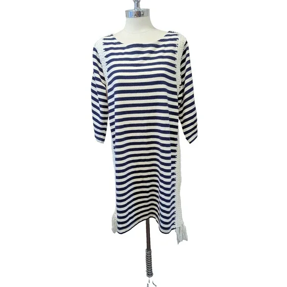 Anthropologie Pepin Nautical Stripe Cotton Tunic Dress Size L Crochet‎ Trim Navy