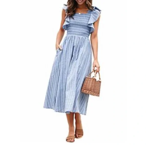 Simplee Linen Striped Smock Midi Dress w/ Ruffled Cap Sleeve &‎ 2 Pockets