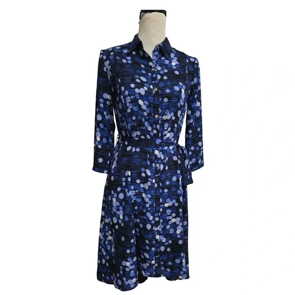 The Limited Womens Blue Polka Dot Button Front Shirt Dress Size 2 Midi Tie Waist