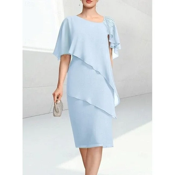NEW UNBRANDED [ 18W ] Sheath Column Knee Length Chiffon with Beading Light Blue