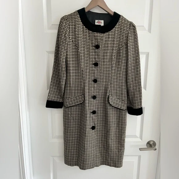 Lanz Originals Tweed Dress Tan Black Gold Metallic Size 6