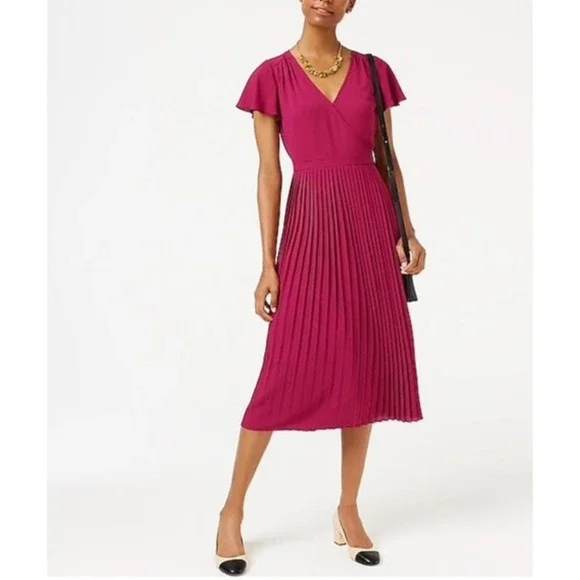 NWT J. Crew Pleated Midi Faux Wrap Dress V-Neck Short Sleeves Raspberry 24