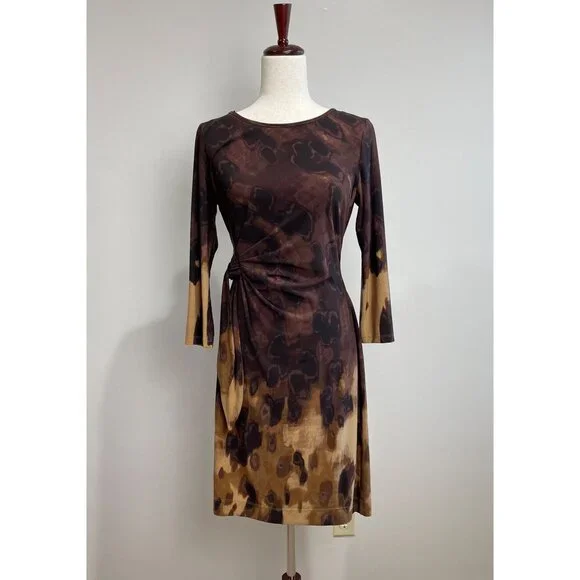 New Directions Pencil Dress Womens S Brown Watercolor Print Gathered Waist