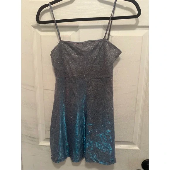 Iridescent Blue Purple Metallic Glitter Mini Dress Spaghetti Strap Y2K Festival