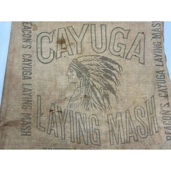 Vintage Cayuga Chicken Feed Bag‎ Beacon Milling Co Laying Mash Indian Chief Head