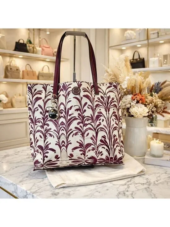 Tory Burch Kerrington Wonderland Burgundy Cream Tote Hand Shoulder Bag‎