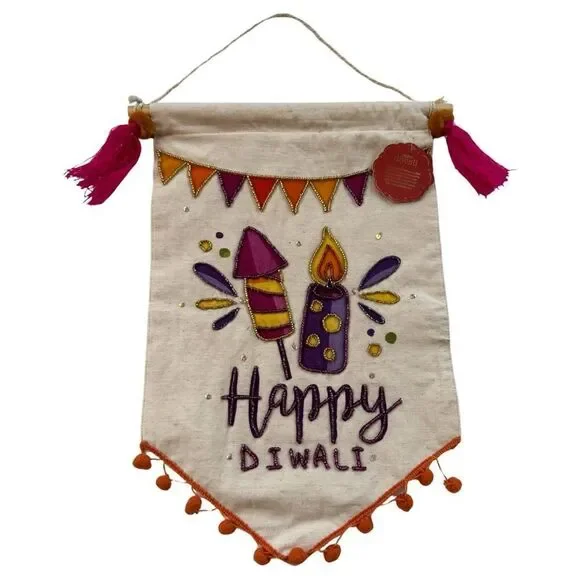 Happy Diwali Colorful Sequin Beaded Tassel Orange Pom Fringed Cotton Banner NWT