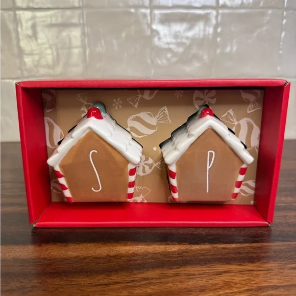 Rae Dunn Christmas Gingerbread House Salt & Pepper Shaker Set, Red Candy Cane