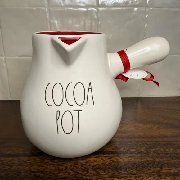 Rae Dunn White Cocoa Pot with RD Stamped Handle Red Interior