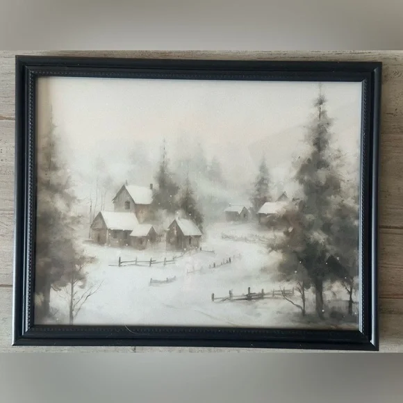 Winter Country Farmhouse Framed 8x10” Print, Vintage Snowy Haven Pine Trees