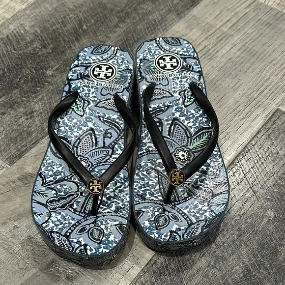 Tory Burch Black and Blue Floral Sandals