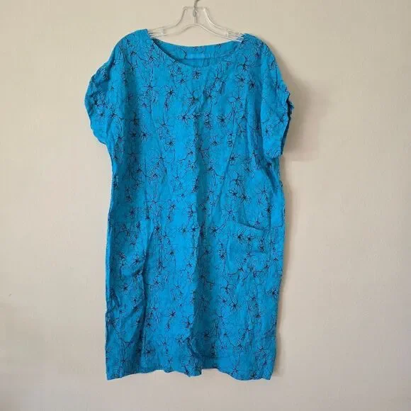 Cut Loose Dress Blue Linen Floral Print‎ Shift Made in USA Artsy Boho Small