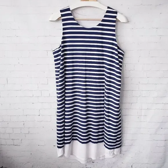 Garnet Hill Nautical Navy White Striped Dress Size M Shift Stretch Tank Cotton