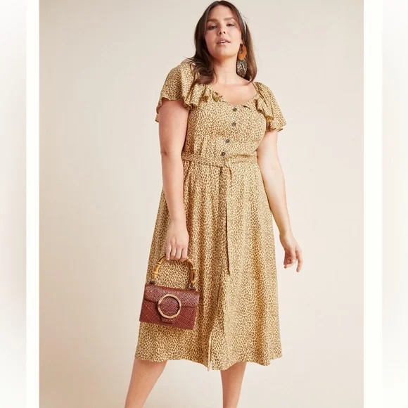 Anthropologie‎ mauve bolano leopard print safari midi button down dress