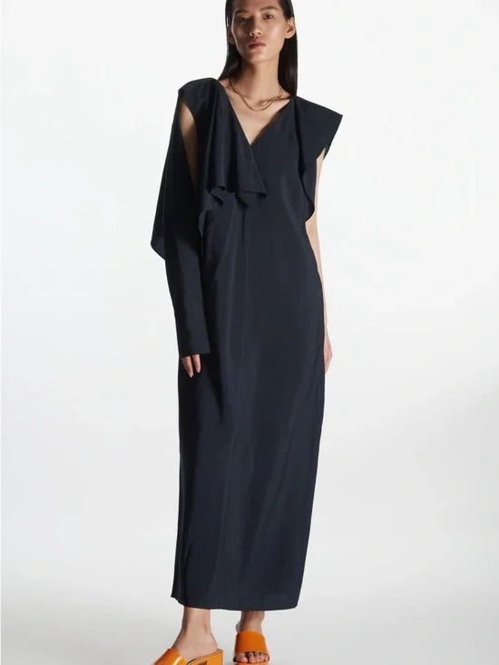 COS Navy Blue Asymmetrical Maxi Dress with Draped Shoulder 8 US