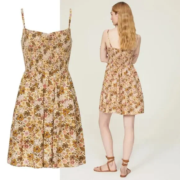 NEW Madewell Tucker Tie Strap Lucie Mini Dress Beige Floral XS Bloomcore Scandi