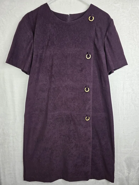 Vintage Sag Harbor Dress Size 16 Purple Faux Suede Shift Gold Ring Detail Short