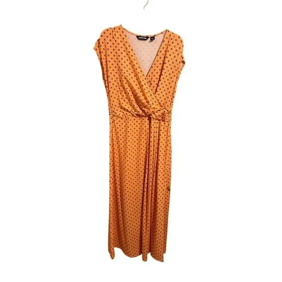 Lands' End Coral Print V-Neck Draped Wrap Midi Dress Size M/P 10-12