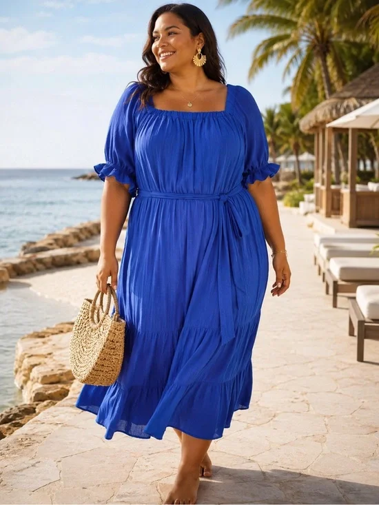 Curvy Sense Plus Size Blue Smocked Tiered Maxi Dress Size 4X