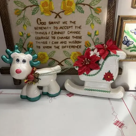 Kitsch reindeer and sleigh bisque wall plaque vintage 1990’s