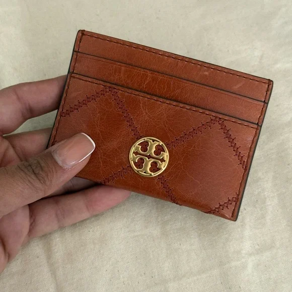 Tory Burch Tan Leather Card Case with Gold Emblem