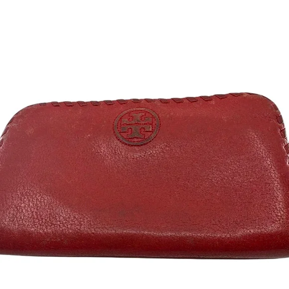 Tory Burch Laced Edge Red Leather Zip Wallet