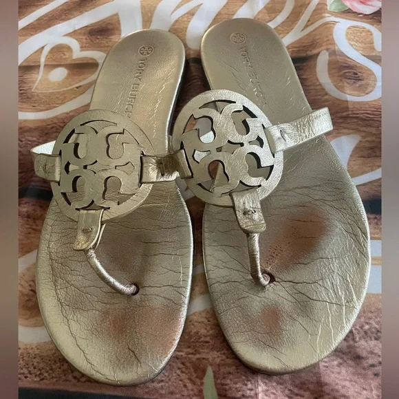 Tory Burch Gold Miller Sandals with Signature Medallion