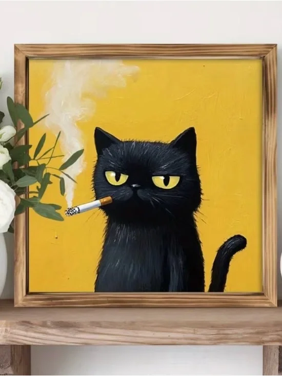 Framed Black Cat Smoking Art Wooden Wall Decor on Yellow Back 8x8” NEW