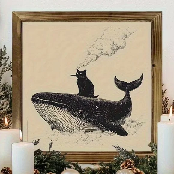 Framed Cat Smoking on a Whale Wooden Art Wall Decor 8x8
