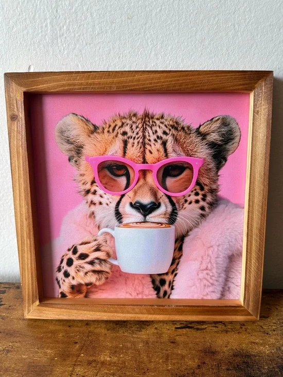 Cheetah Framed Wooden Art Wall Decor with Pink Glasses, Robe and Coffee NWT