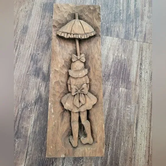 Vintage Hand Carved Girl With Umbrella Wood Wall Hanging