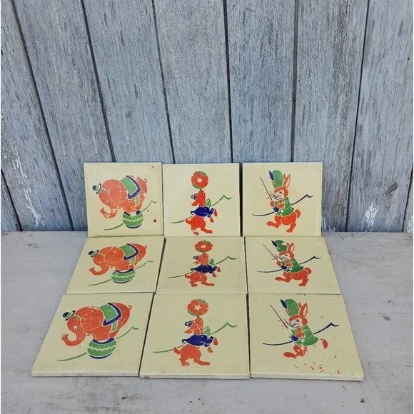 VTG 1950 Mid Century Decro-Art Home Styling Tile Plaques Little Circus Lot Of 9