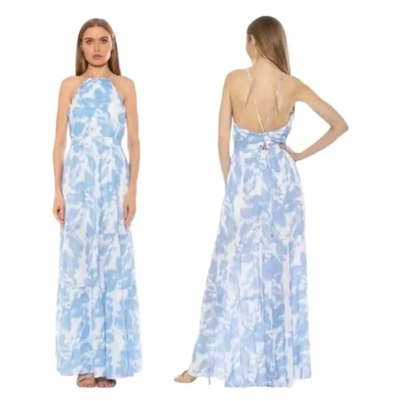 Alexia Admor Kira Ruffled Halter Maxi Dress NWT Blue White Size 6