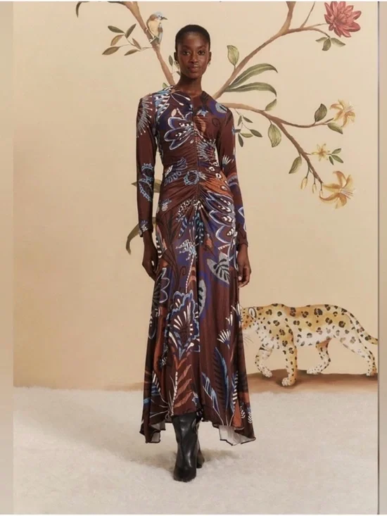 Farm Rio Brown Delicate Garden Long Sleeve Maxi Dress