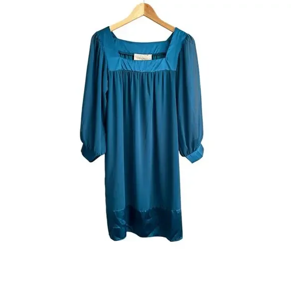 NEW Thread Social Teal Green Square Neck Knee Length Long Sheer Sleeve Dress 12