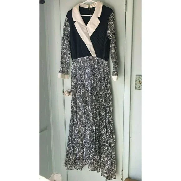 vintage maxi dress Black Floral White collar Mod sheer skirt romantic modest