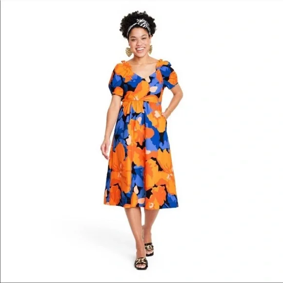 NWOT Tabitha Brown for Target Floral Print Puff Sleeve Tie-Back Midi Dress